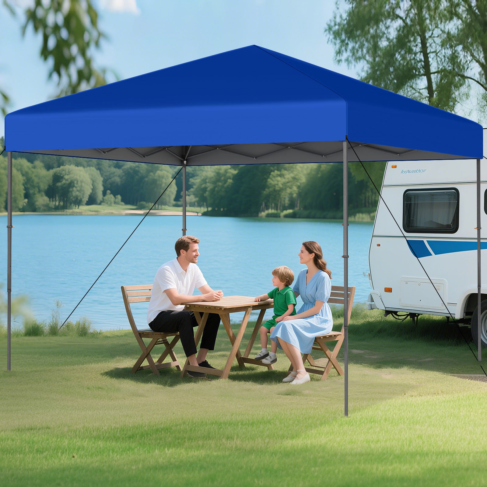 300 x 295 cm Pop up Canopy Tent with Portable Carrying Bag and Wind Ropes-Blue