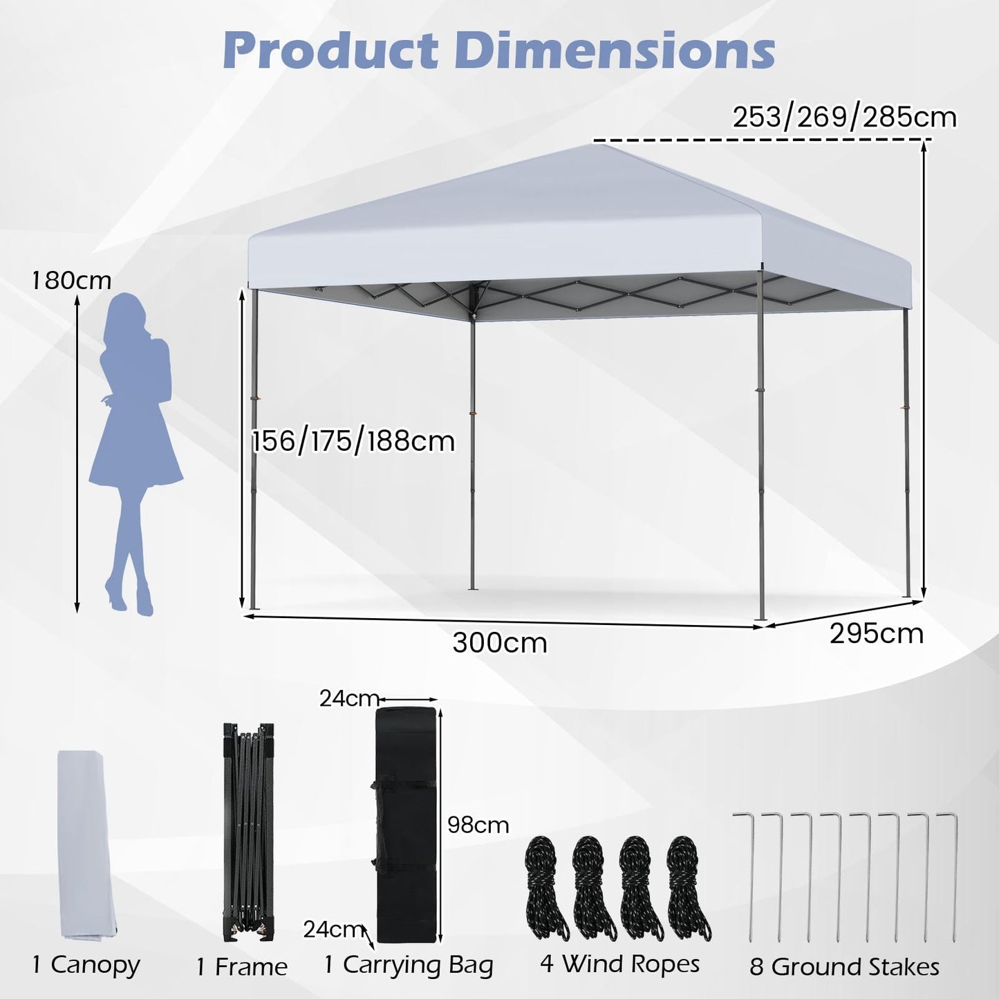 300 x 295 cm Pop up Canopy Tent with Portable Carrying Bag and Wind Ropes-White