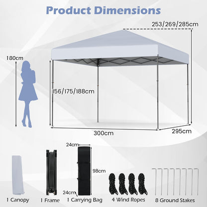 300 x 295 cm Pop up Canopy Tent with Portable Carrying Bag and Wind Ropes-White