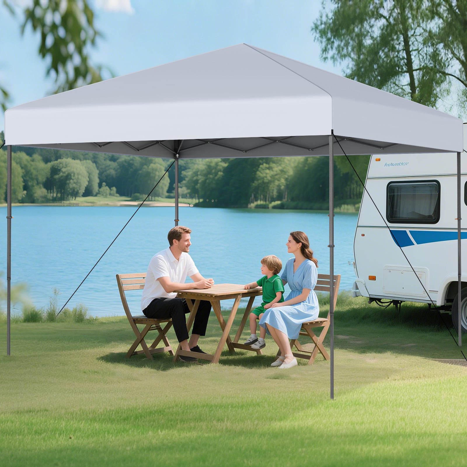 300 x 295 cm Pop up Canopy Tent with Portable Carrying Bag and Wind Ropes-White