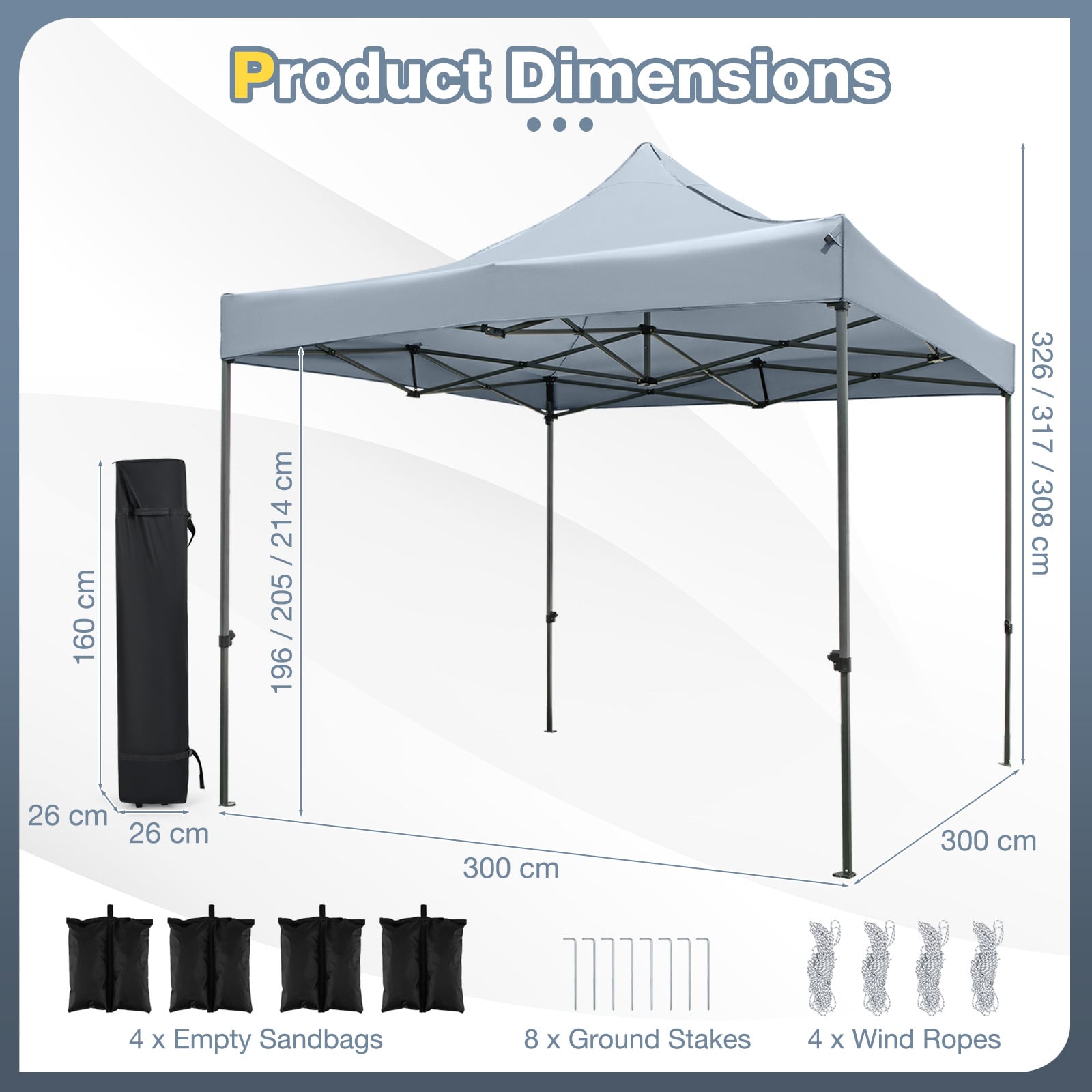 300 x 300 cm Outdoor Pop up Canopy Tent with Wheeled Bag-Grey