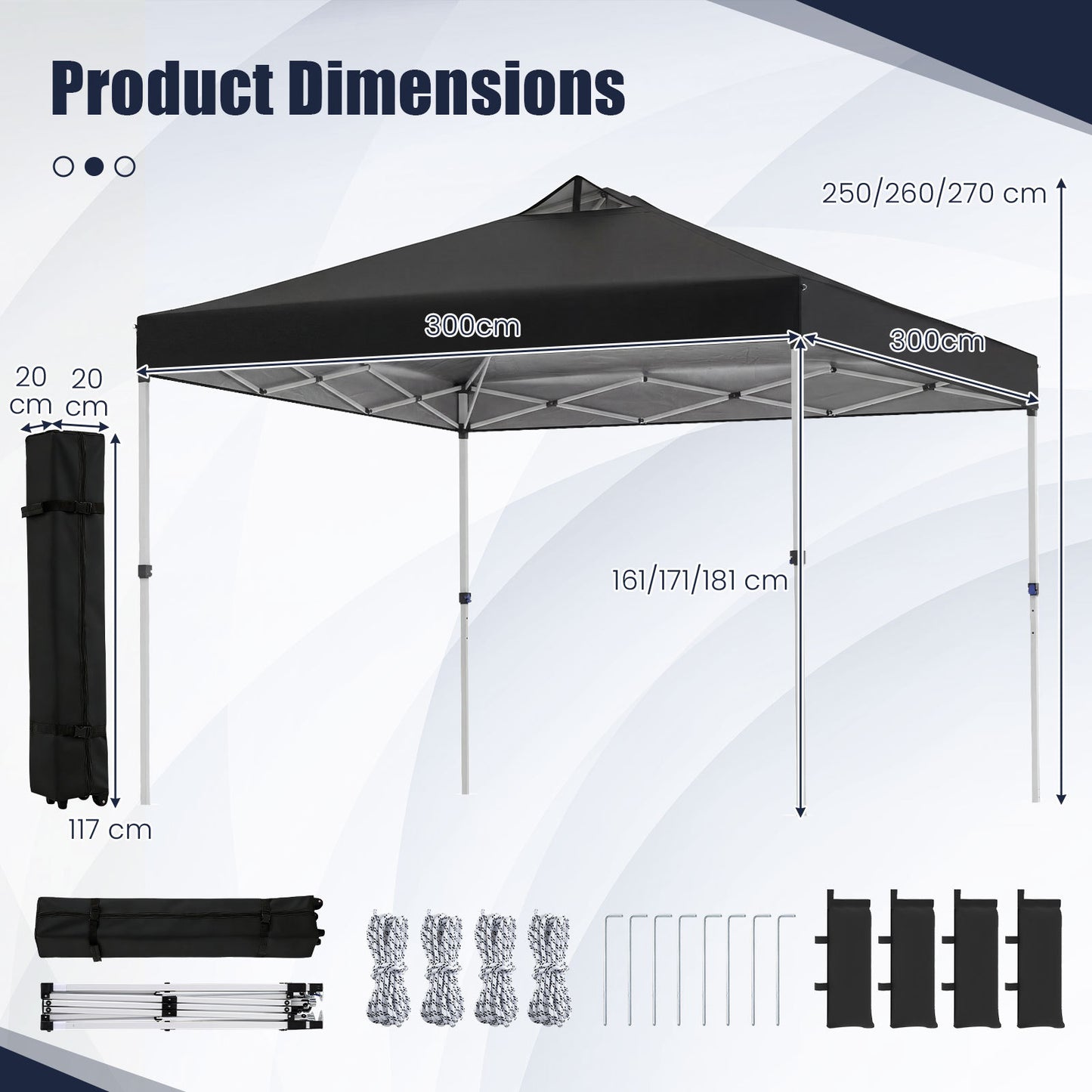 300 x 300 cm Pop up Canopy Tent 1 Person Easy Setup Gazebo Shelter with 1 Button Push-Black