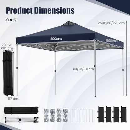 300 x 300 cm Pop up Canopy Tent 1 Person Easy Setup Gazebo Shelter with 1 Button Push-Blue