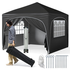 300 x 300 cm Pop up Canopy Tent with 4 Removable Sidewall and Wheeled Bag-Black