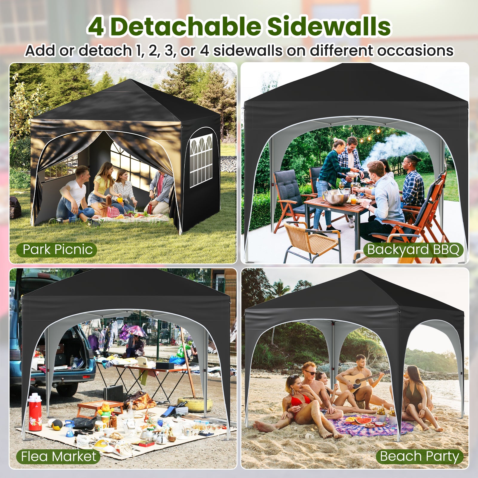 300 x 300 cm Pop up Canopy Tent with 4 Removable Sidewall and Wheeled Bag-Black