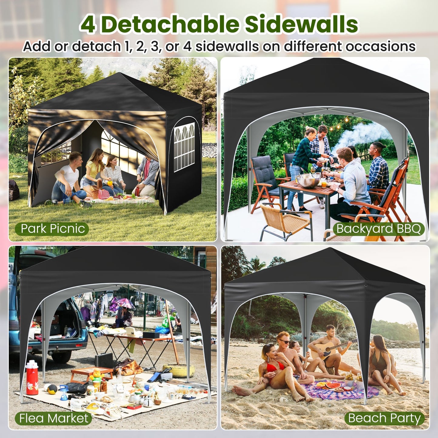 300 x 300 cm Pop up Canopy Tent with 4 Removable Sidewall and Wheeled Bag-Black