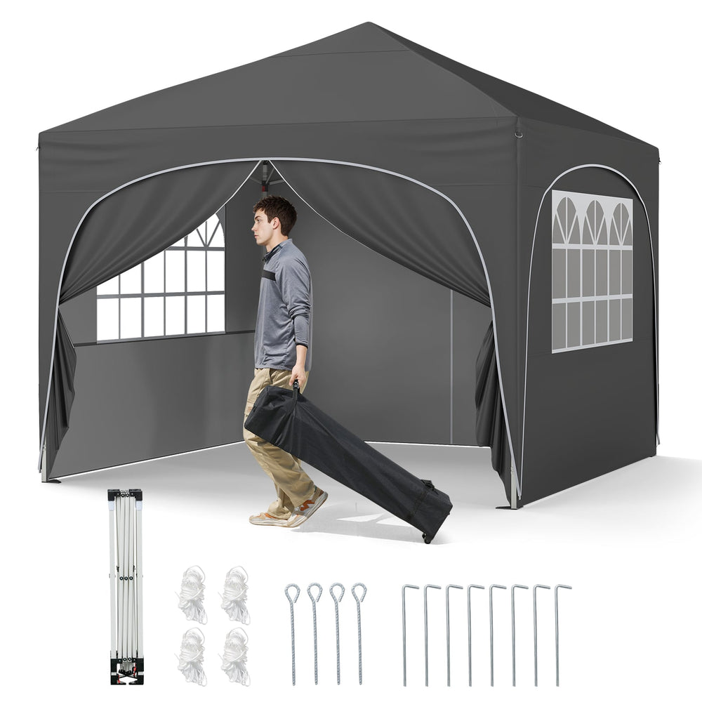300 x 300 cm Pop up Canopy Tent with 4 Removable Sidewall and Wheeled Bag-Grey