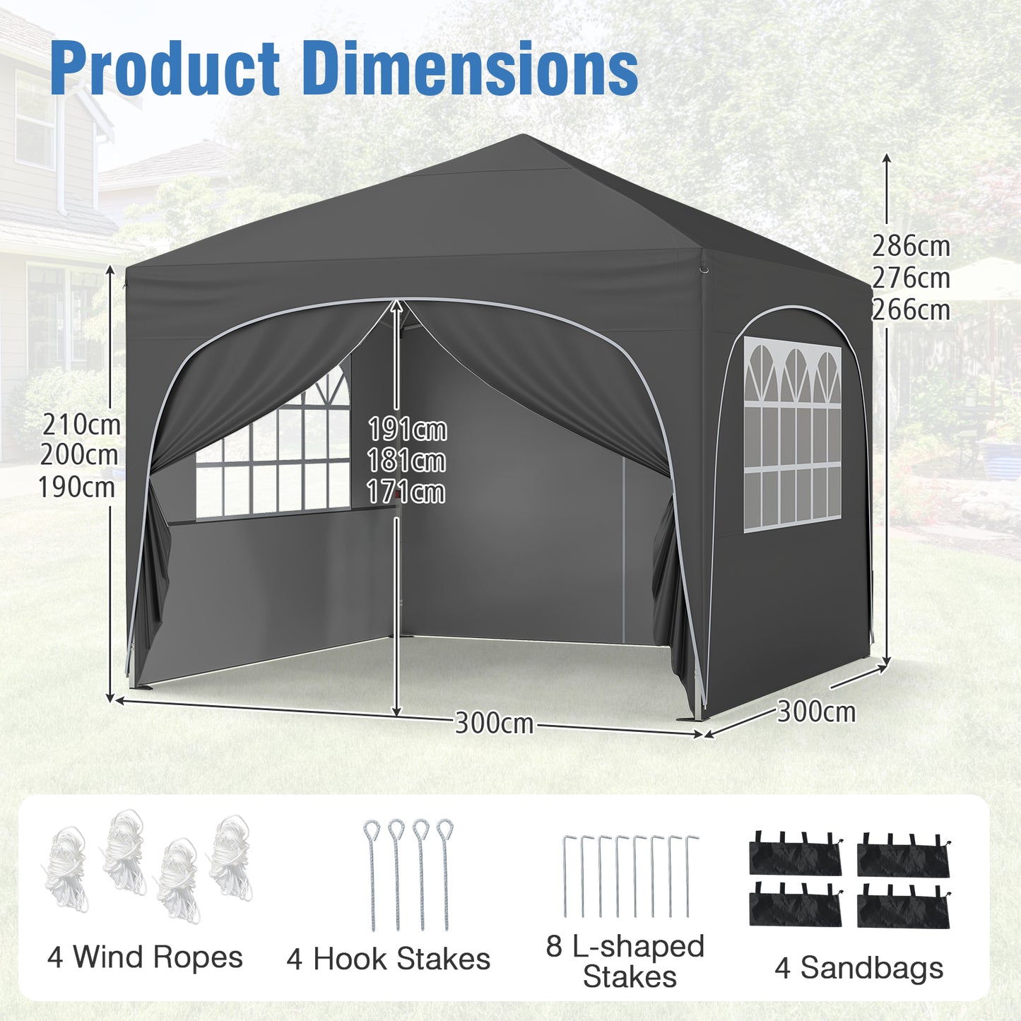 300 x 300 cm Pop up Canopy Tent with 4 Removable Sidewall and Wheeled Bag-Grey