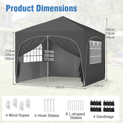 300 x 300 cm Pop up Canopy Tent with 4 Removable Sidewall and Wheeled Bag-Grey