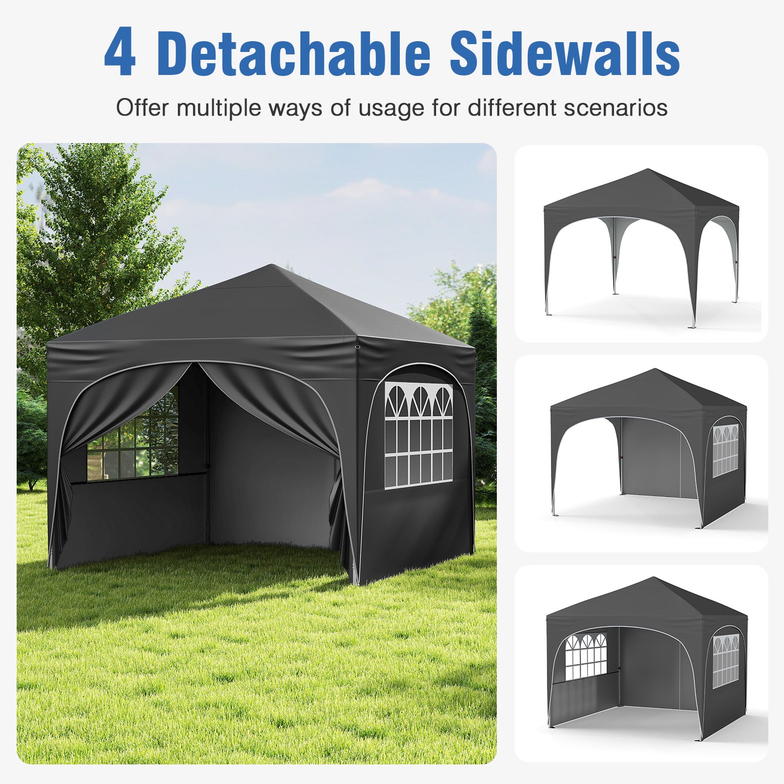 300 x 300 cm Pop up Canopy Tent with 4 Removable Sidewall and Wheeled Bag-Grey