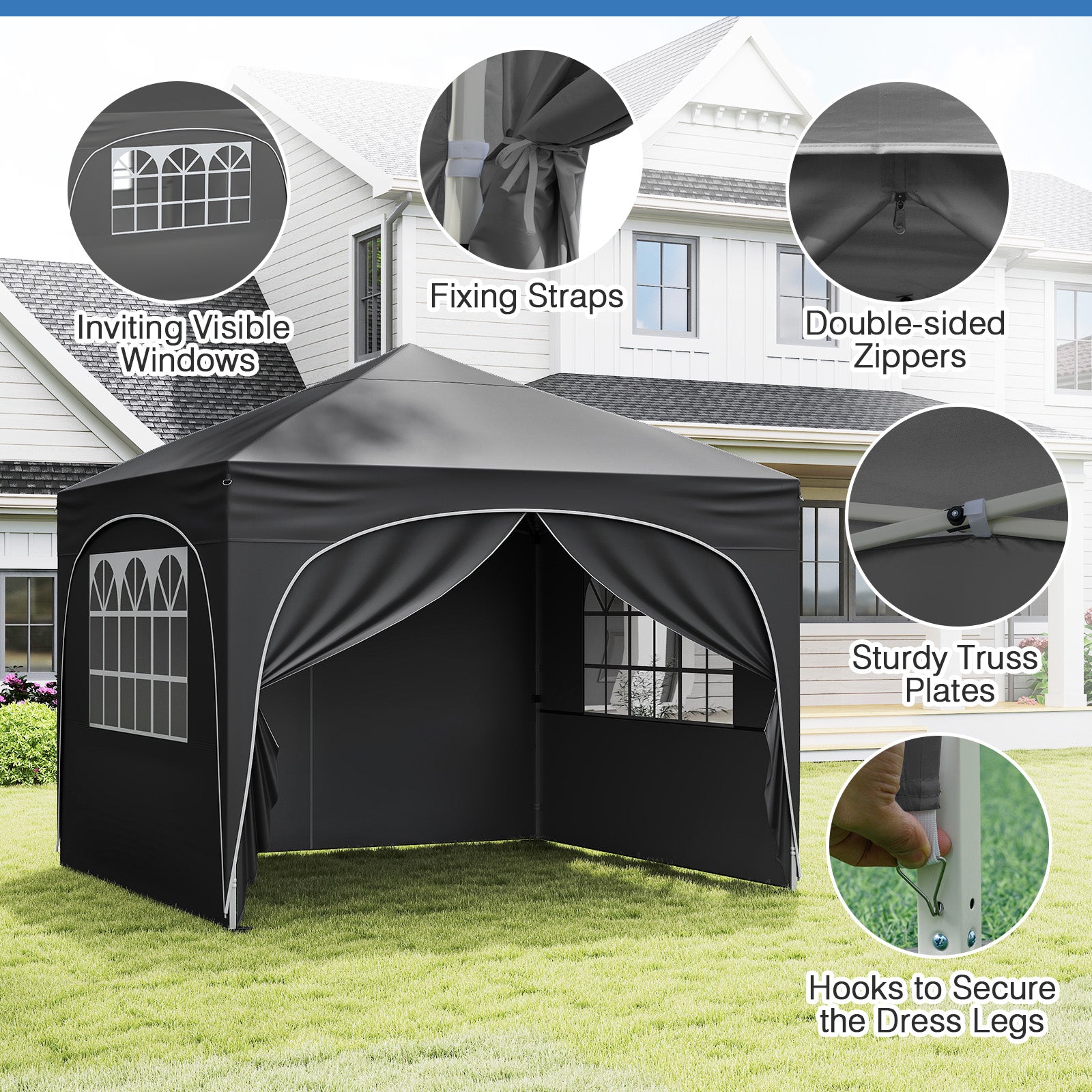 300 x 300 cm Pop up Canopy Tent with 4 Removable Sidewall and Wheeled Bag-Grey