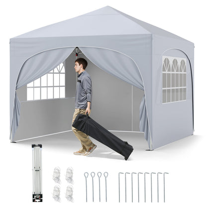 300 x 300 cm Pop up Canopy Tent with 4 Removable Sidewall and Wheeled Bag-White