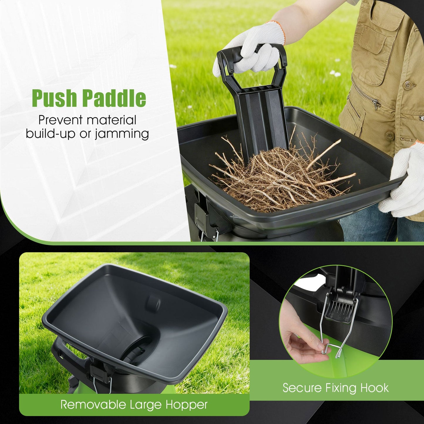 3000 W Electric Wood Chipper with 50 L Collection Bin and Wheels-Green