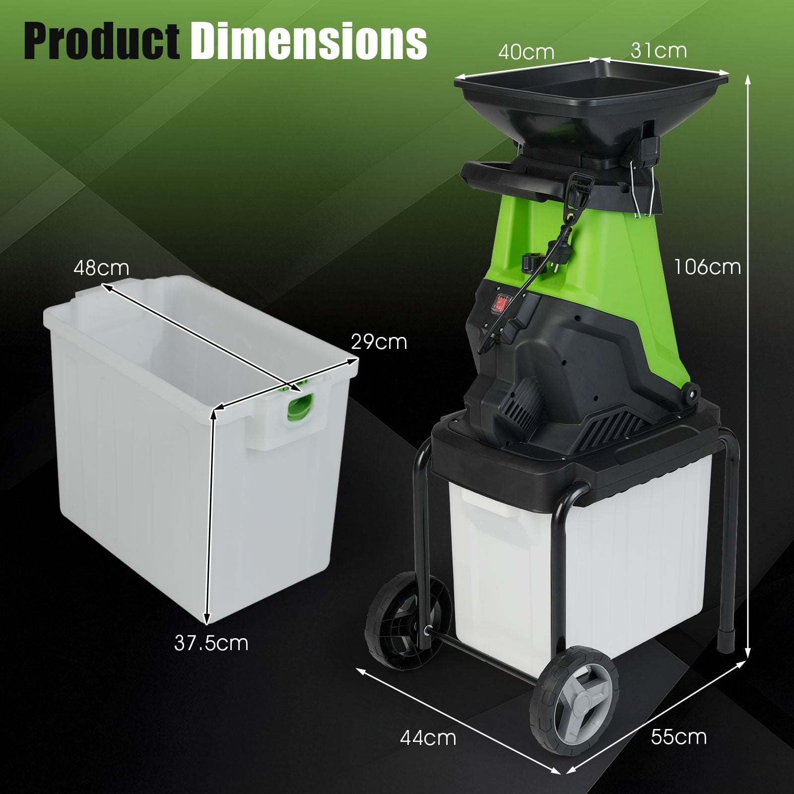 3000 W Electric Wood Chipper with 50 L Collection Bin and Wheels-Green