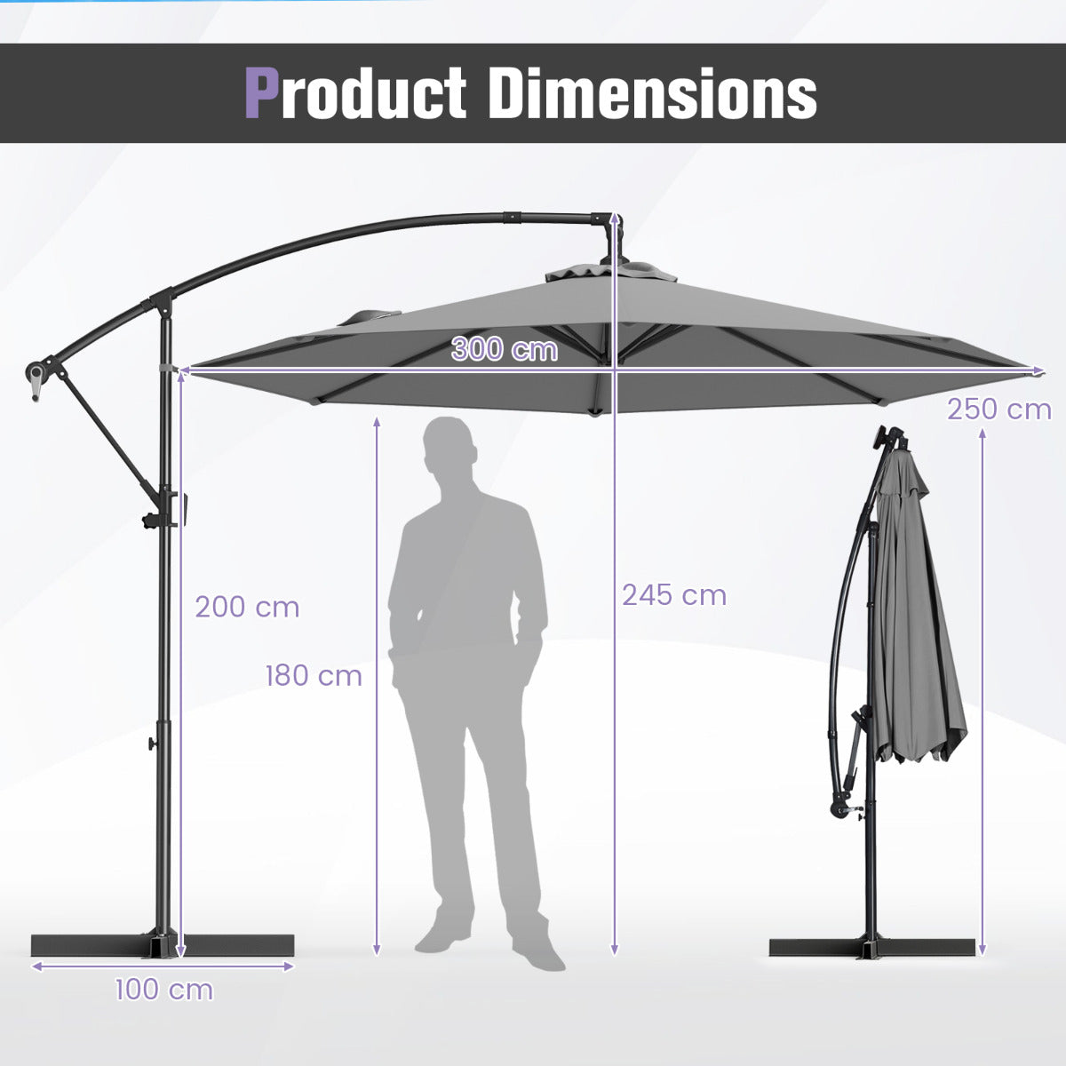 300 cm Offset Hanging Umbrella with Base-Grey