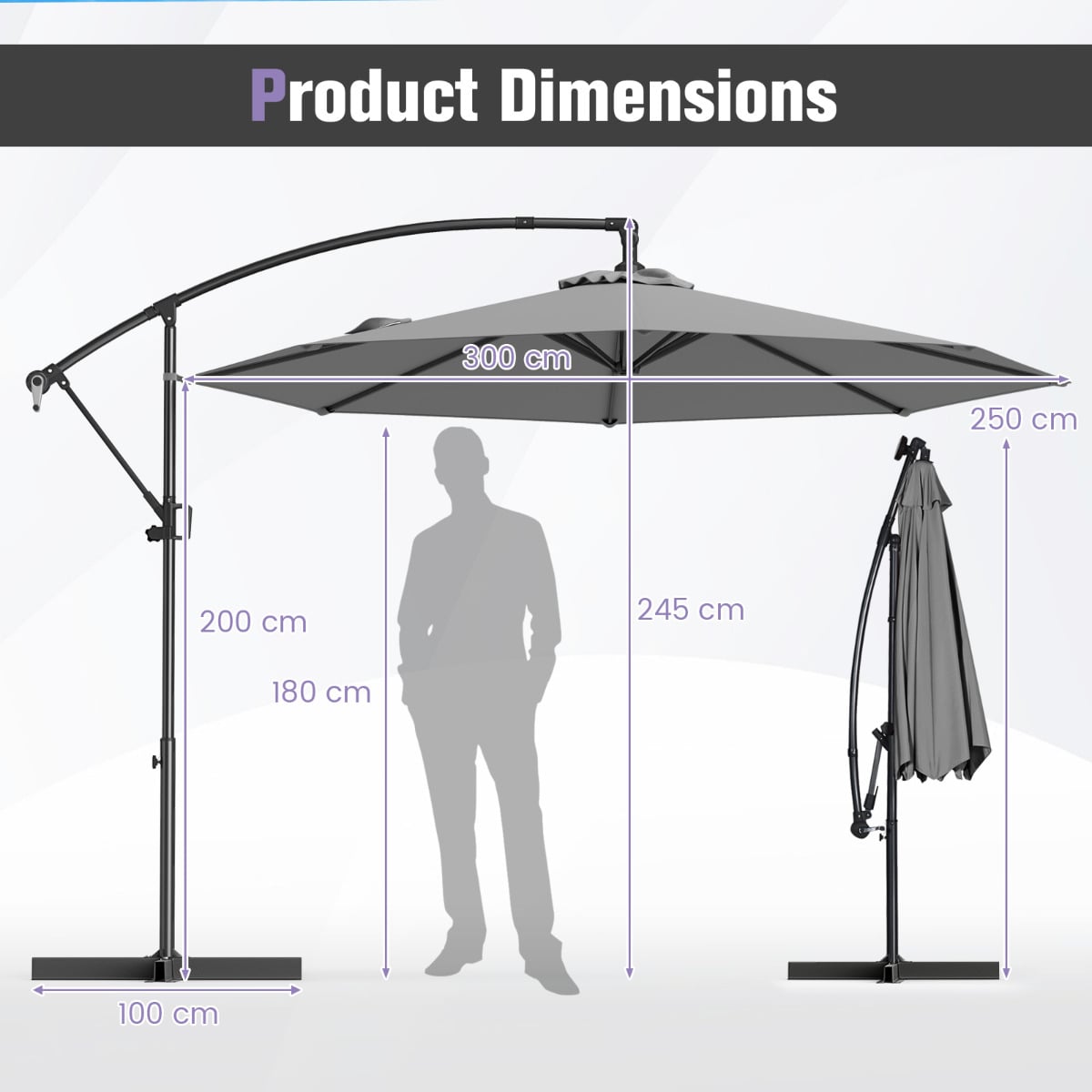 300 cm Offset Hanging Umbrella with Base-Grey