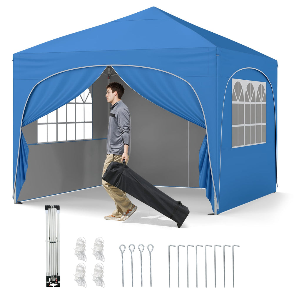 300 x 300 cm Pop up Canopy Tent with 4 Removable Sidewall and Wheeled Bag-Blue