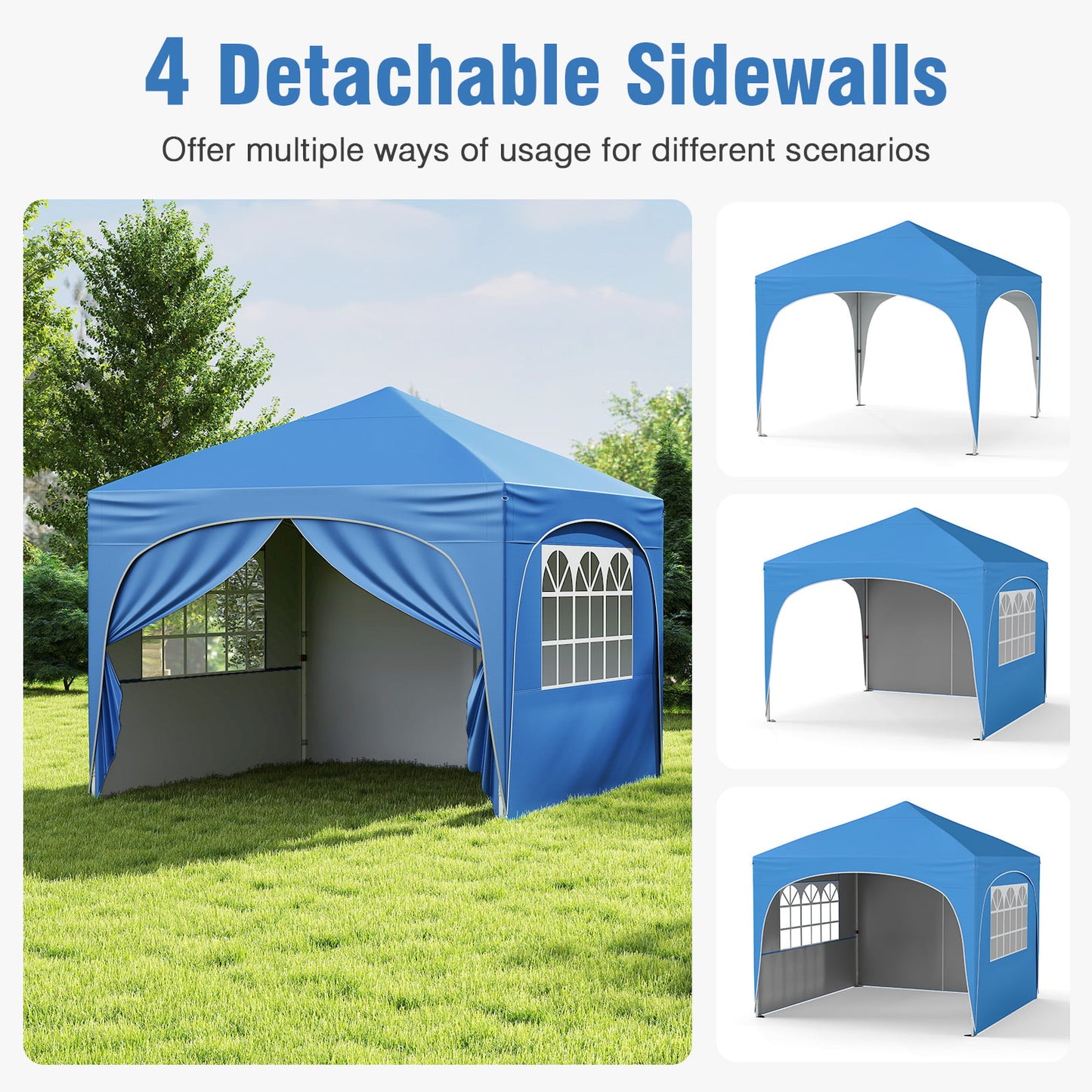 300 x 300 cm Pop up Canopy Tent with 4 Removable Sidewall and Wheeled Bag-Blue