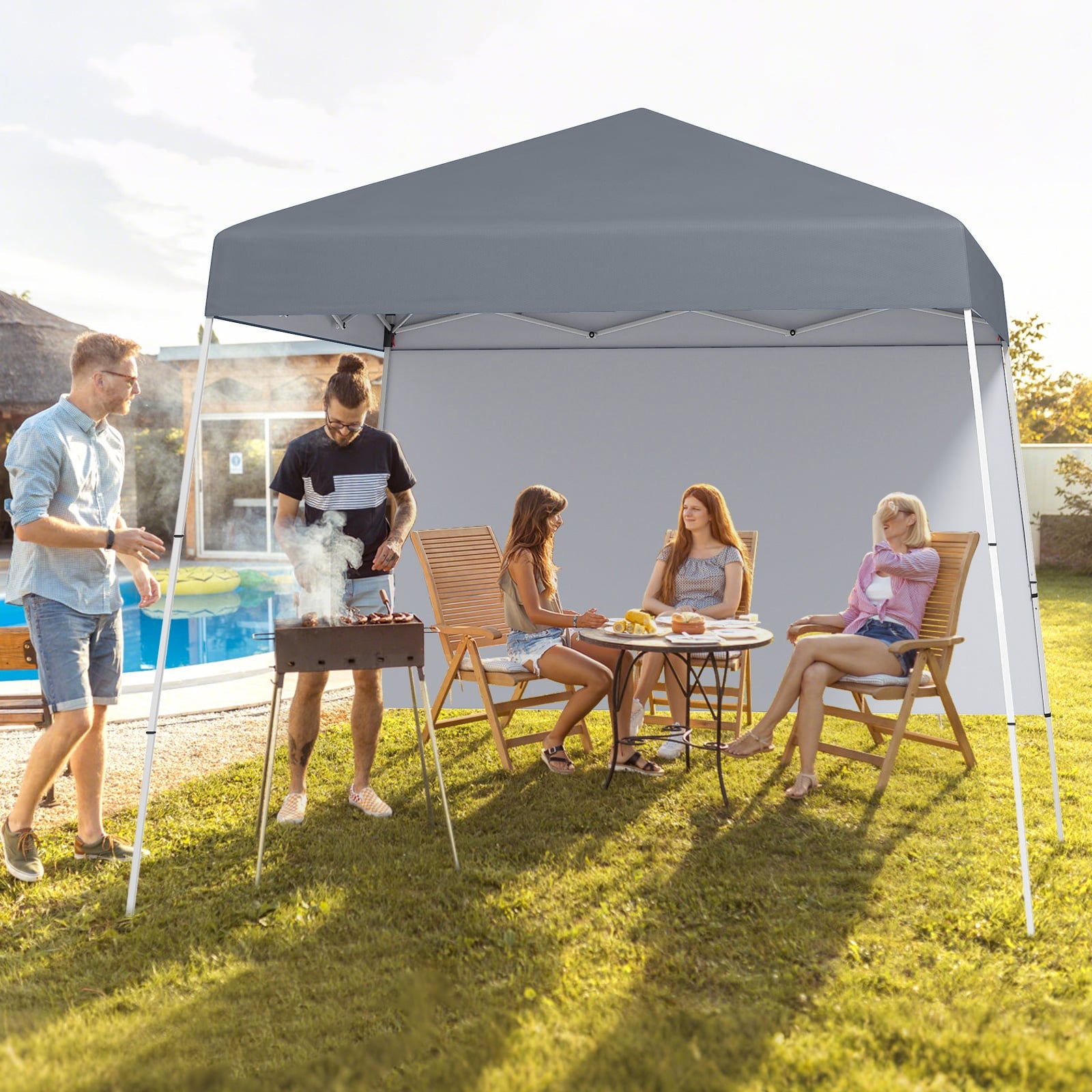 300 x 300 cm Pop up Canopy Tent with 1 Sidewall and Portable Backpack-Grey
