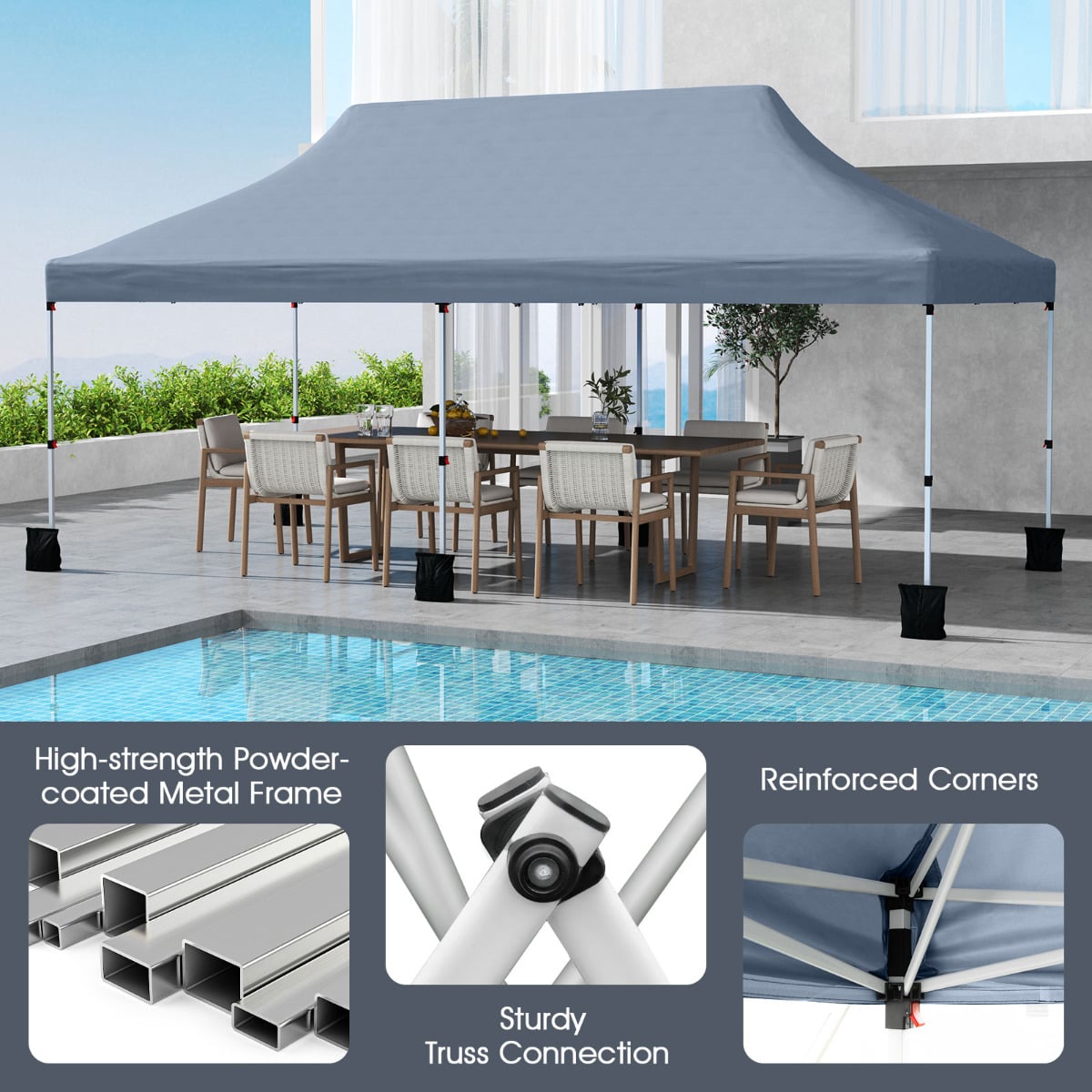 300 x 600 cm Pop up Canopy Tent with Carry Bag and 6 Sandbags-Grey