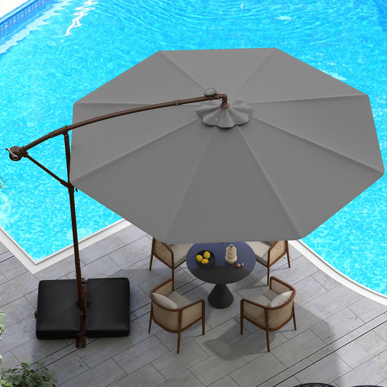 300cm Hanging Offset Umbrella with 40 LED Lights Solar Panel Batteries-Grey