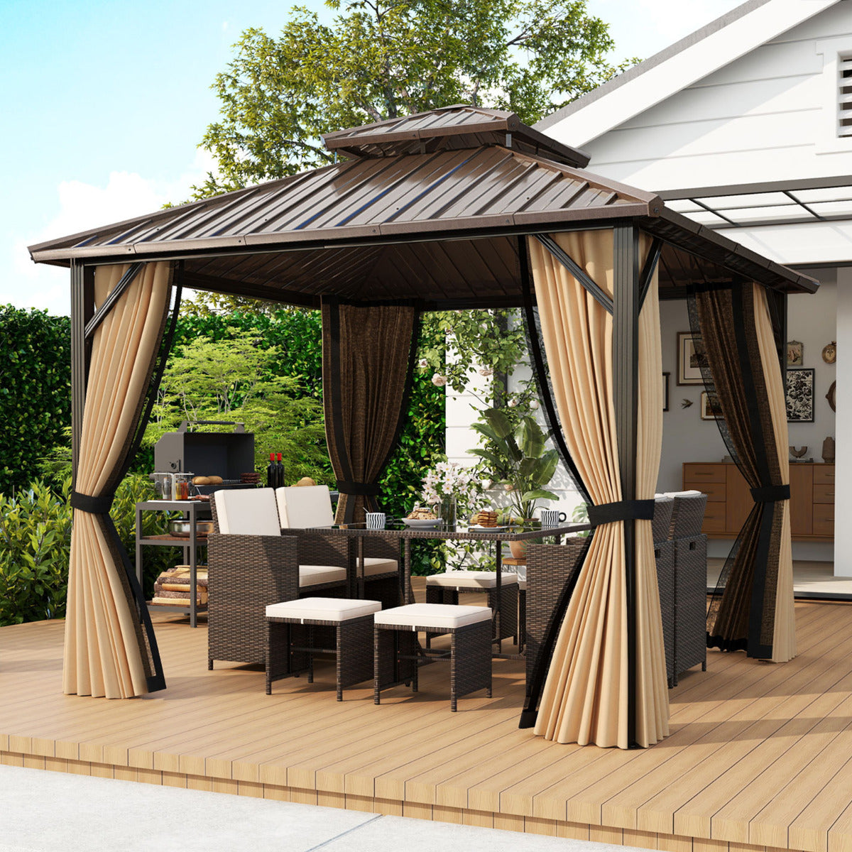302 x 302 cm Hardtop Gazebo with Netting and Aluminum Frame-Coffee