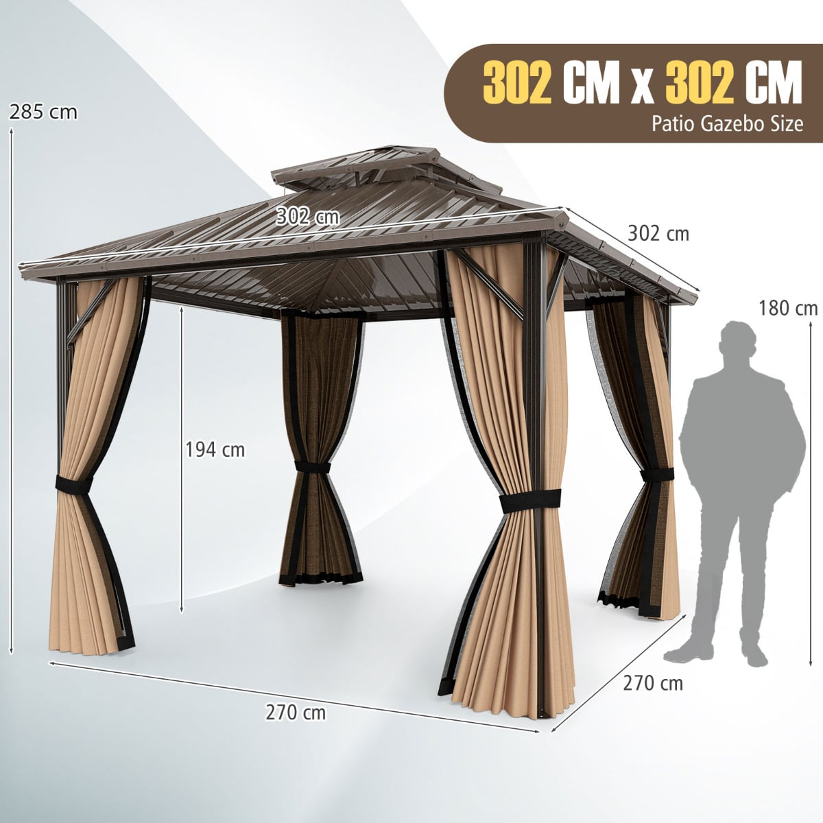 302 x 302 cm Hardtop Gazebo with Netting and Aluminum Frame-Coffee