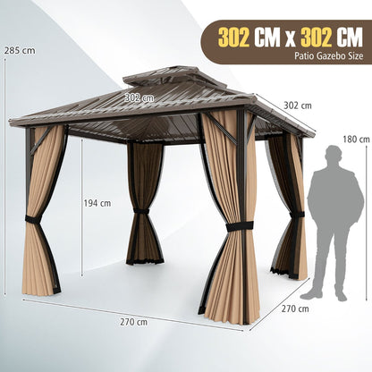 302 x 302 cm Hardtop Gazebo with Netting and Aluminum Frame-Coffee