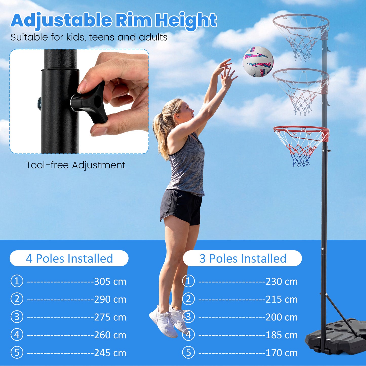 305 cm Portable Netball Post with Fillable Base and 10-Level Adjustable Height