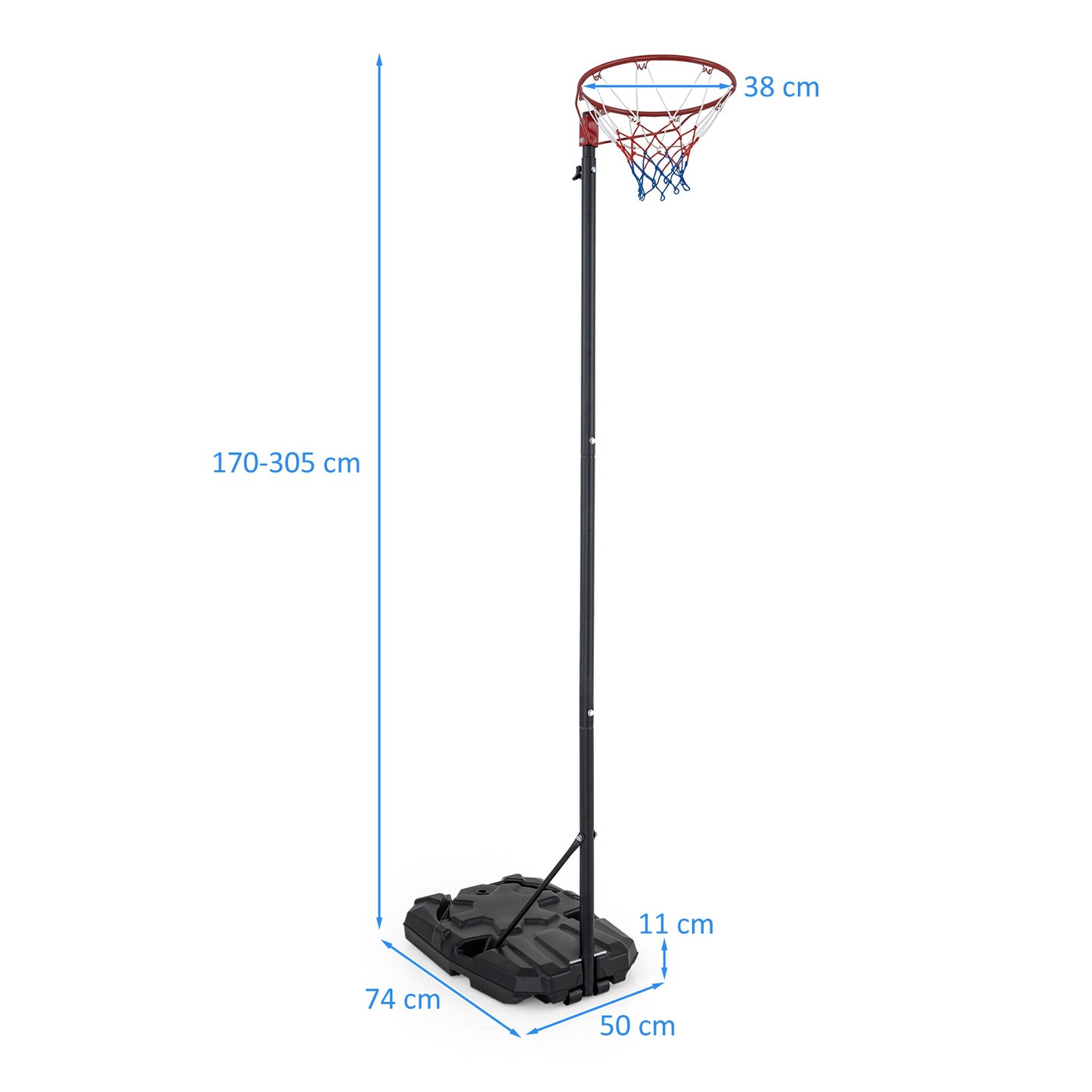 305 cm Portable Netball Post with Fillable Base and 10-Level Adjustable Height