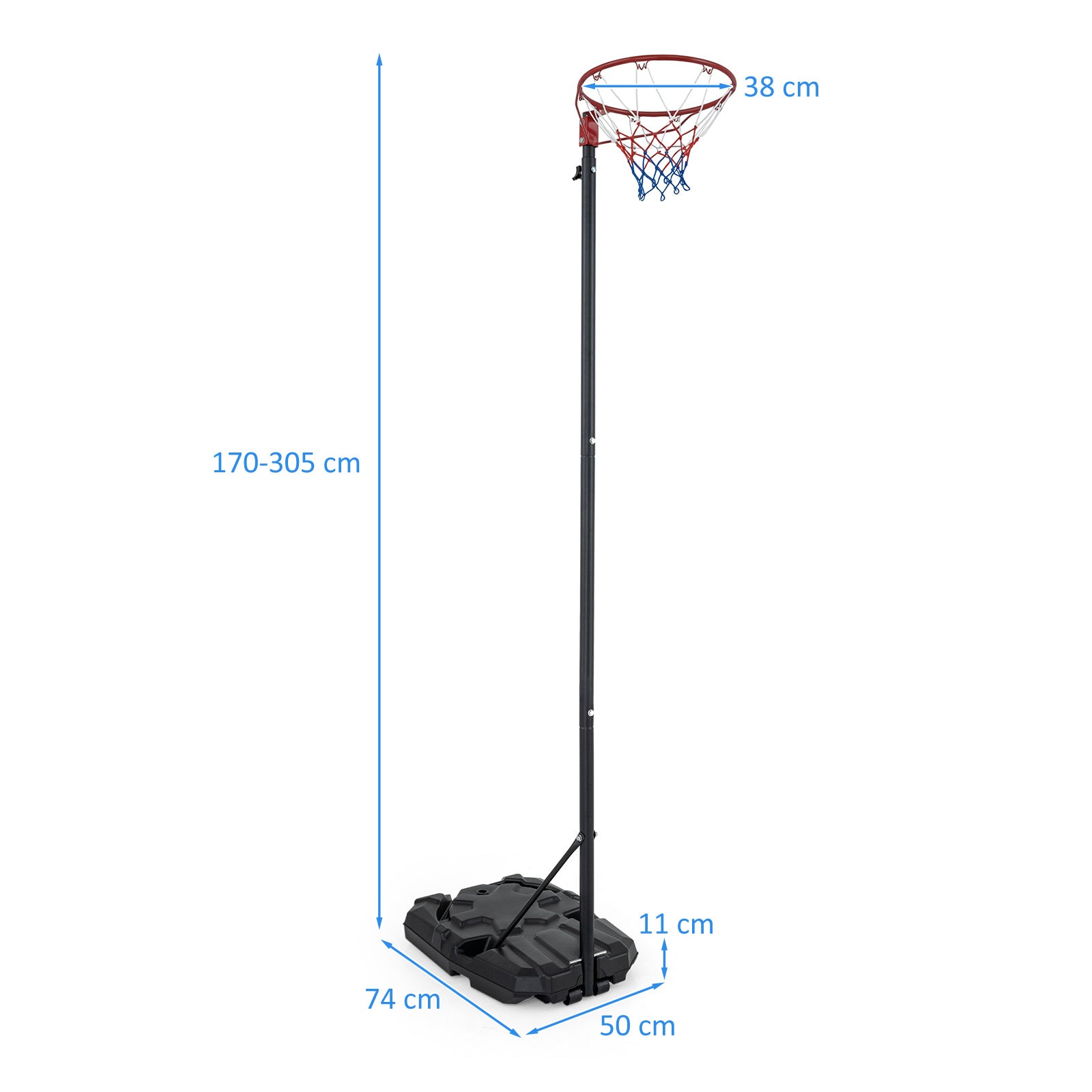 305 cm Portable Netball Post with Fillable Base and 10-Level Adjustable Height