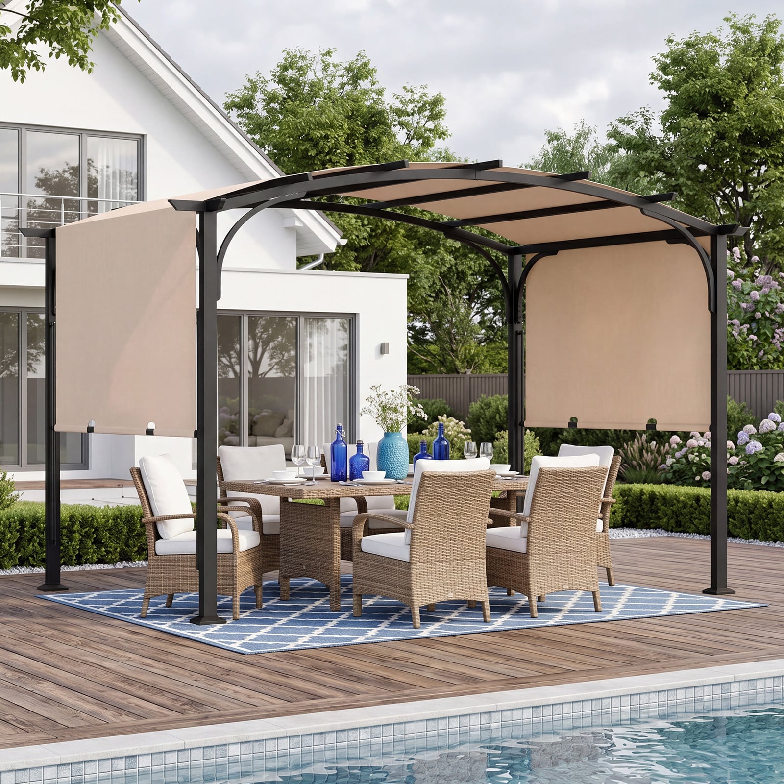 305 x 242 cm Outdoor Retractable Pergola with  Metal Frame and Polyester Fabric-Beige