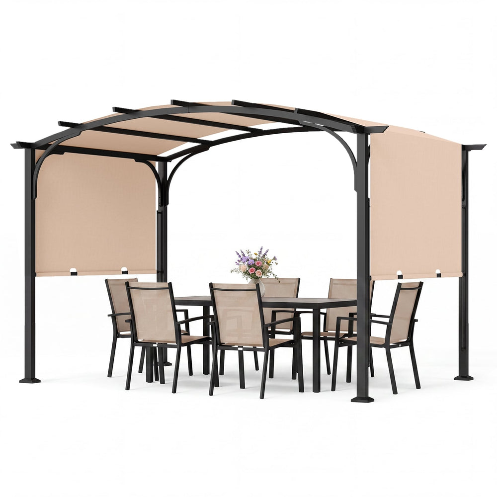 305 x 242 cm Outdoor Retractable Pergola with  Metal Frame and Polyester Fabric-Beige