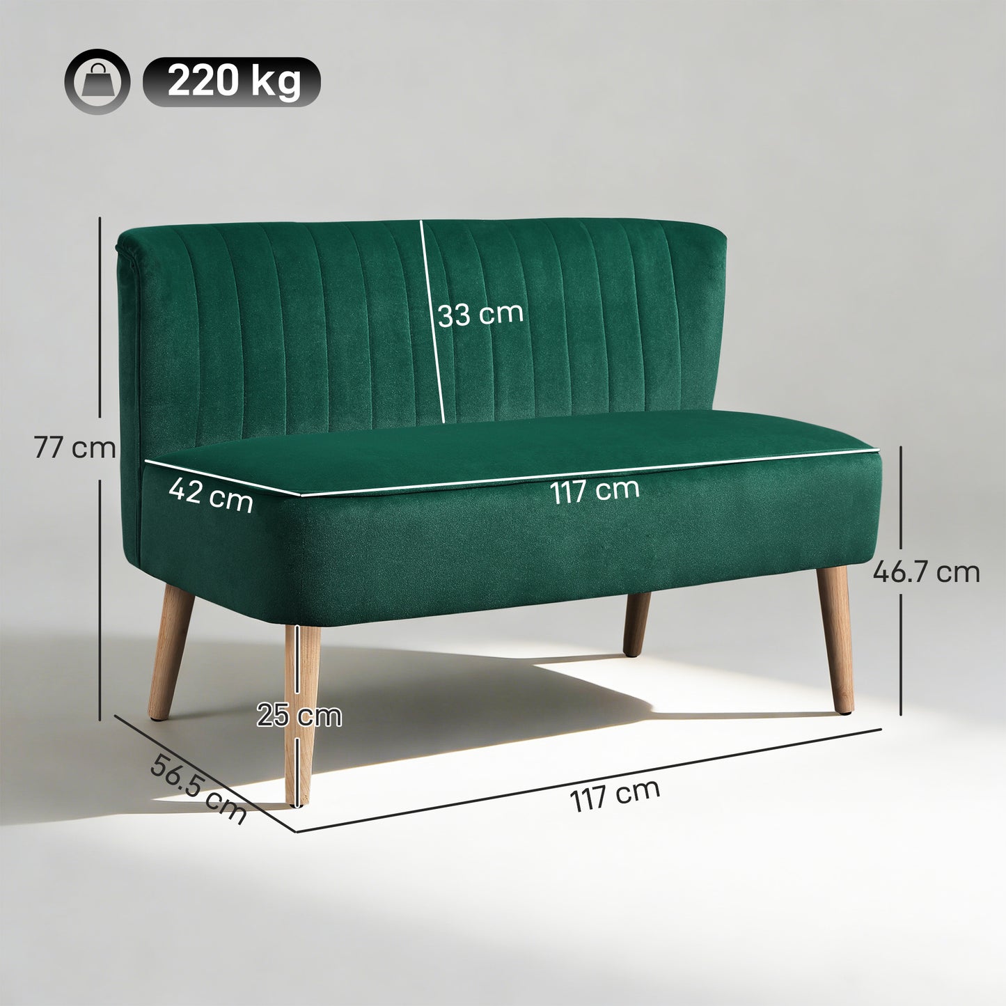 HOMCOM 117cm Loveseat Sofa Upholstered Small 2 Seater Sofa with Thick Padded Seat and Rubber Wood Legs, Dark Green