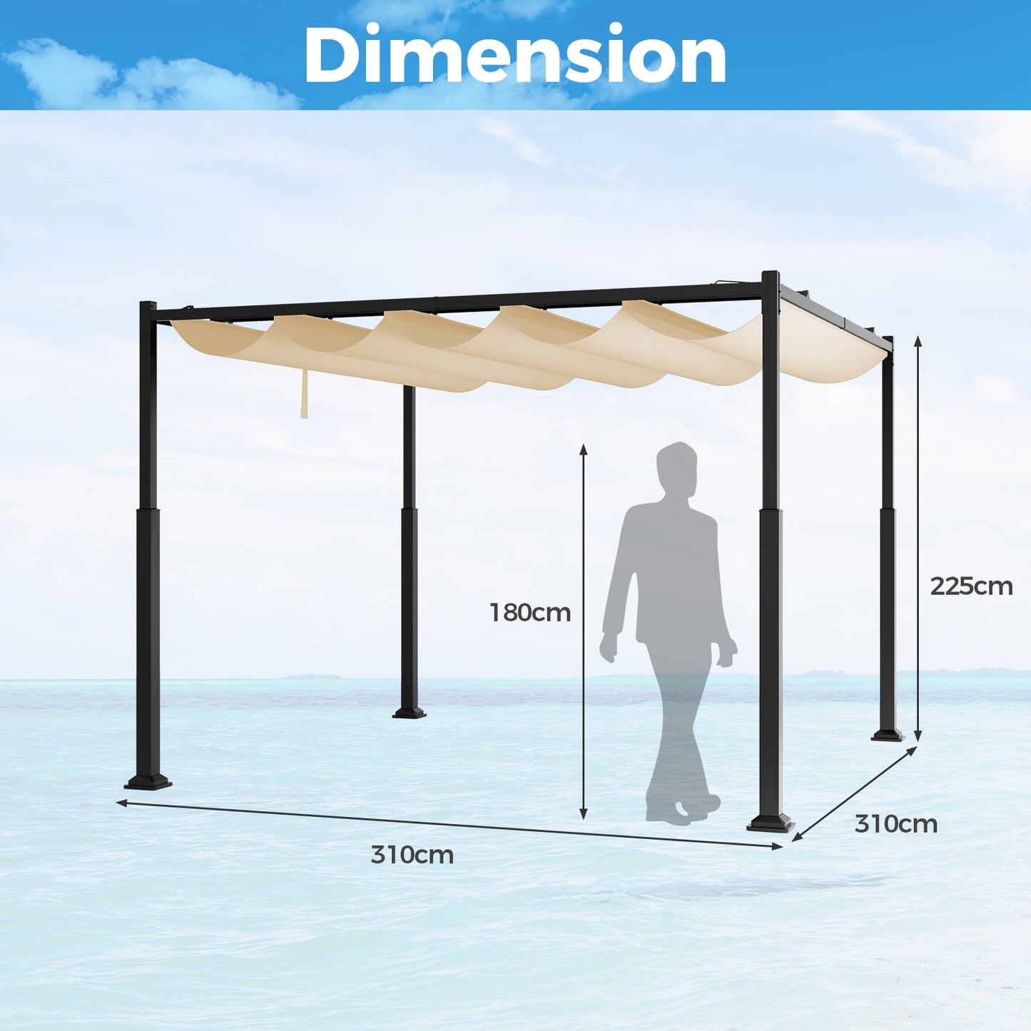 310 x 310 cm Outdoor Pergola with Retractable Canopy-Beige