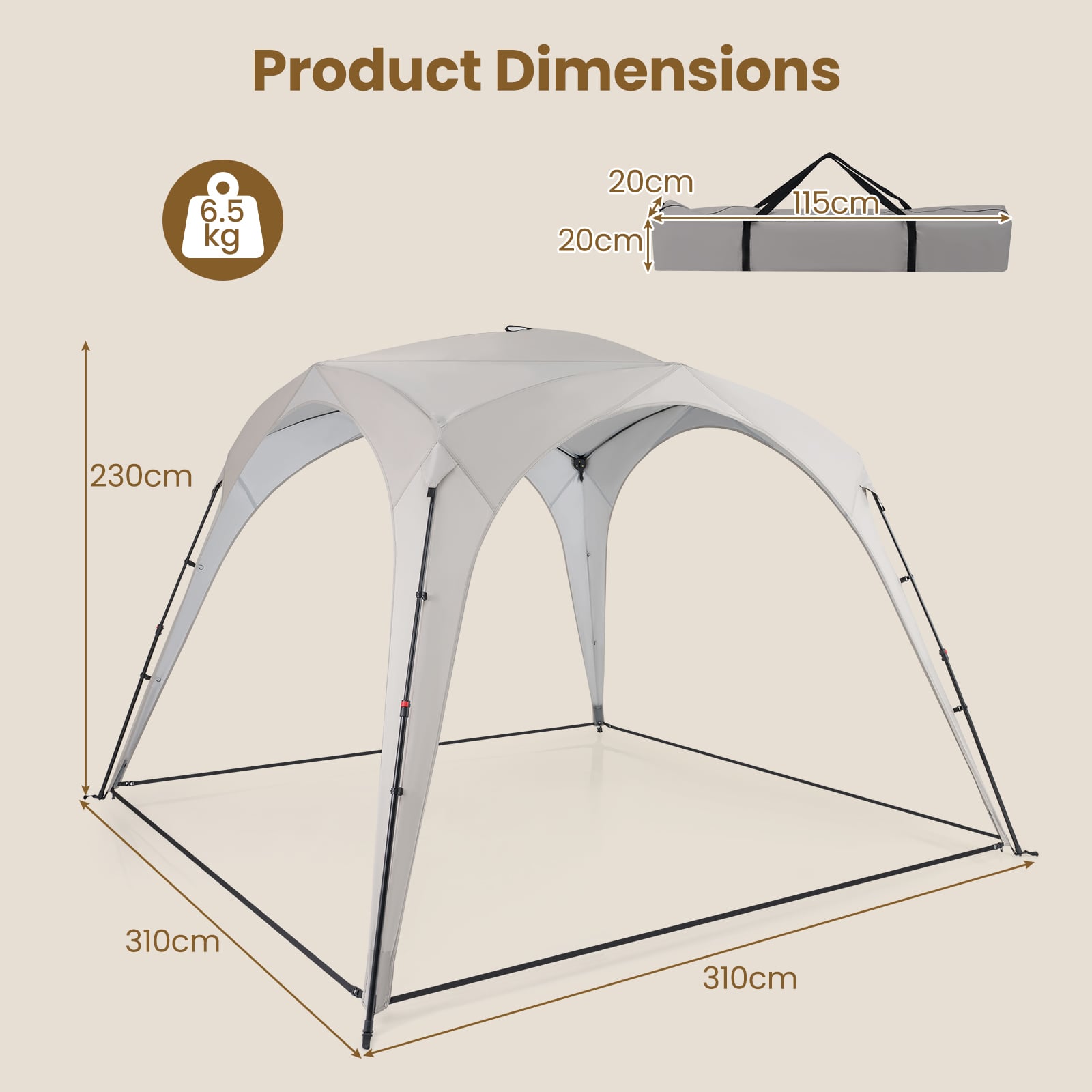 310 x 310 cm Pop up Camping Tent with Silver-coated Oxford Fabric-Beige