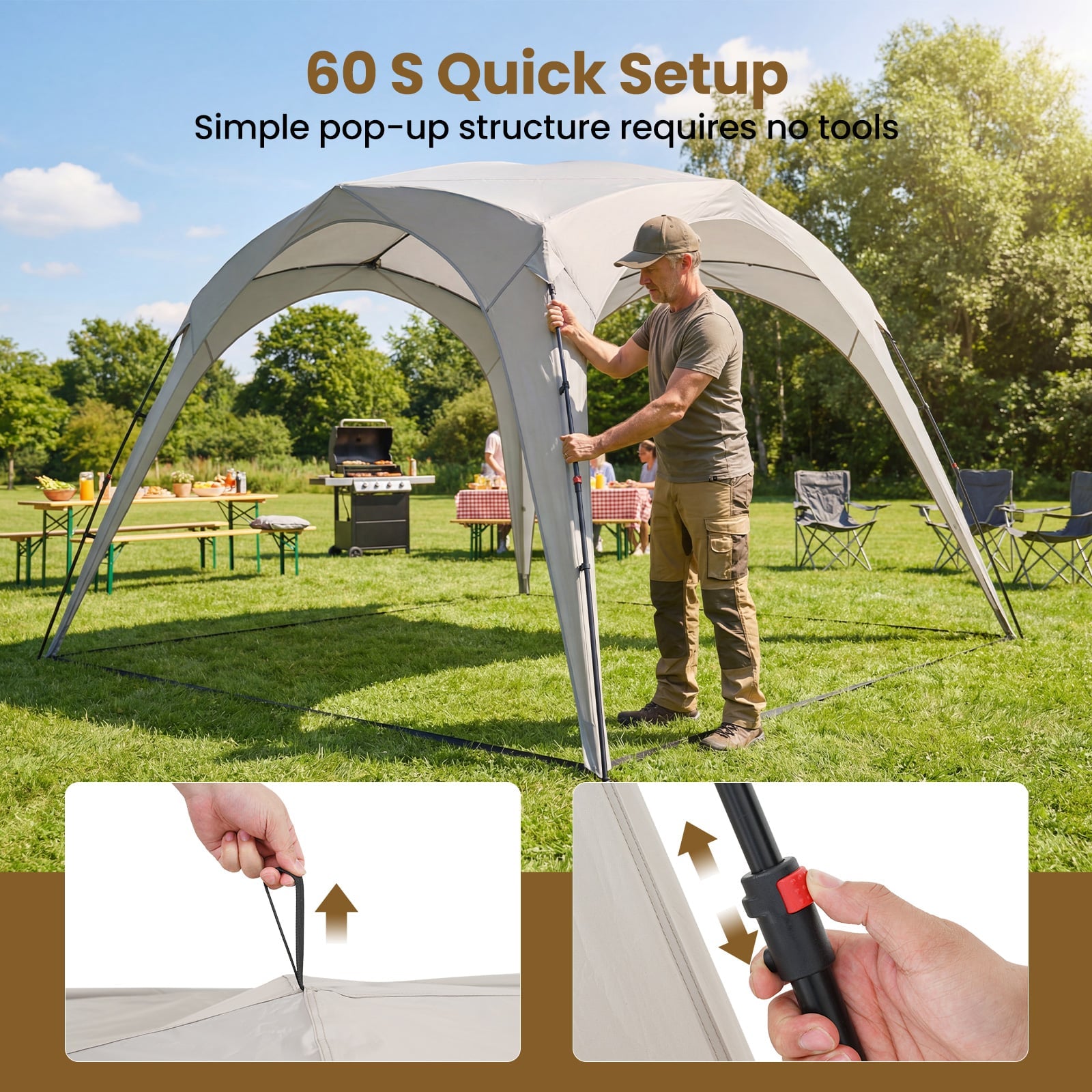 310 x 310 cm Pop up Camping Tent with Silver-coated Oxford Fabric-Beige