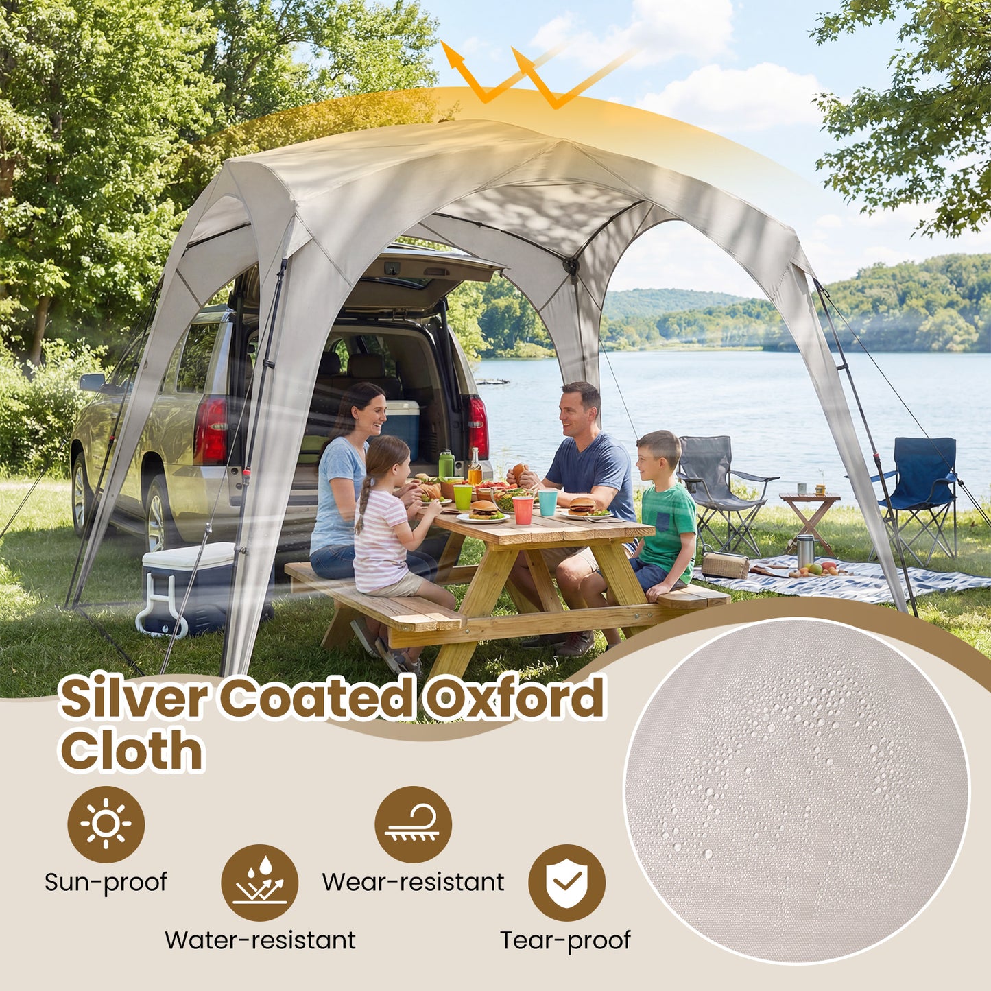 310 x 310 cm Pop up Camping Tent with Silver-coated Oxford Fabric-Beige