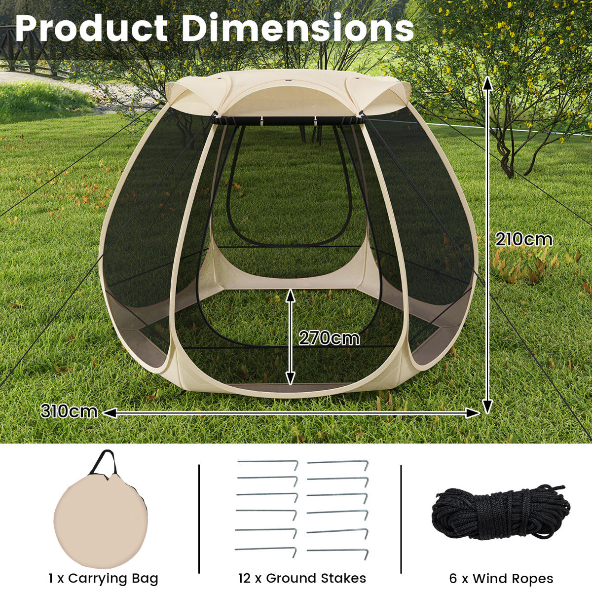 310 X 270 CM Foldable Outdoor Screened Camping Tent Gazebo-Sand Color