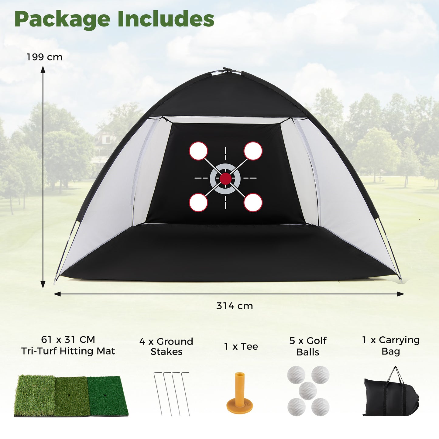 314 x 199 CM Golf Practice Net with Foldable Tri-Turf Mat