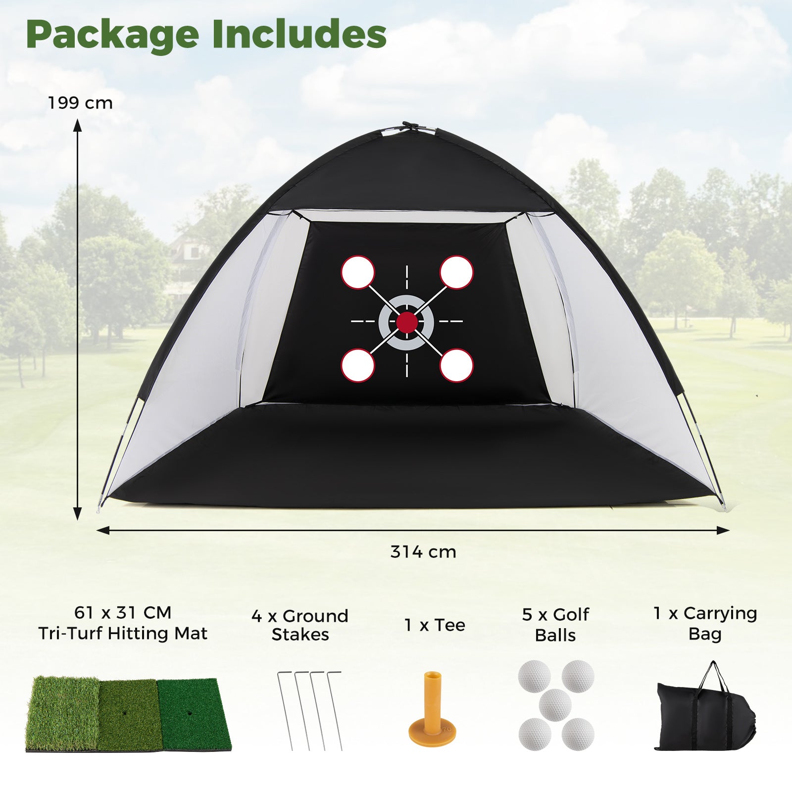 314 x 199 CM Golf Practice Net with Foldable Tri-Turf Mat