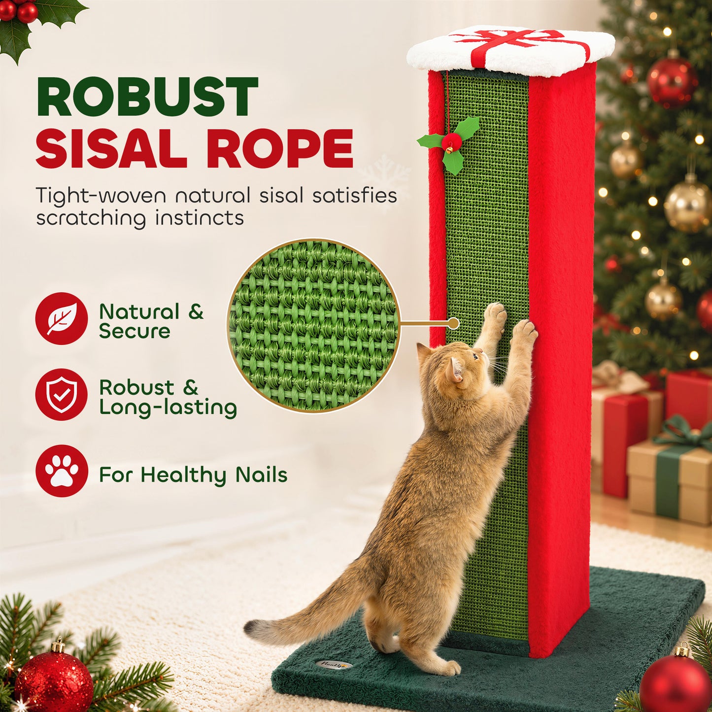PawHut Cat Scratching Post for Indoor Cats, 81cm Tall Cat Scratcher with Sisal Rope, Hanging Bell Toy, Stable Base, Green & Red