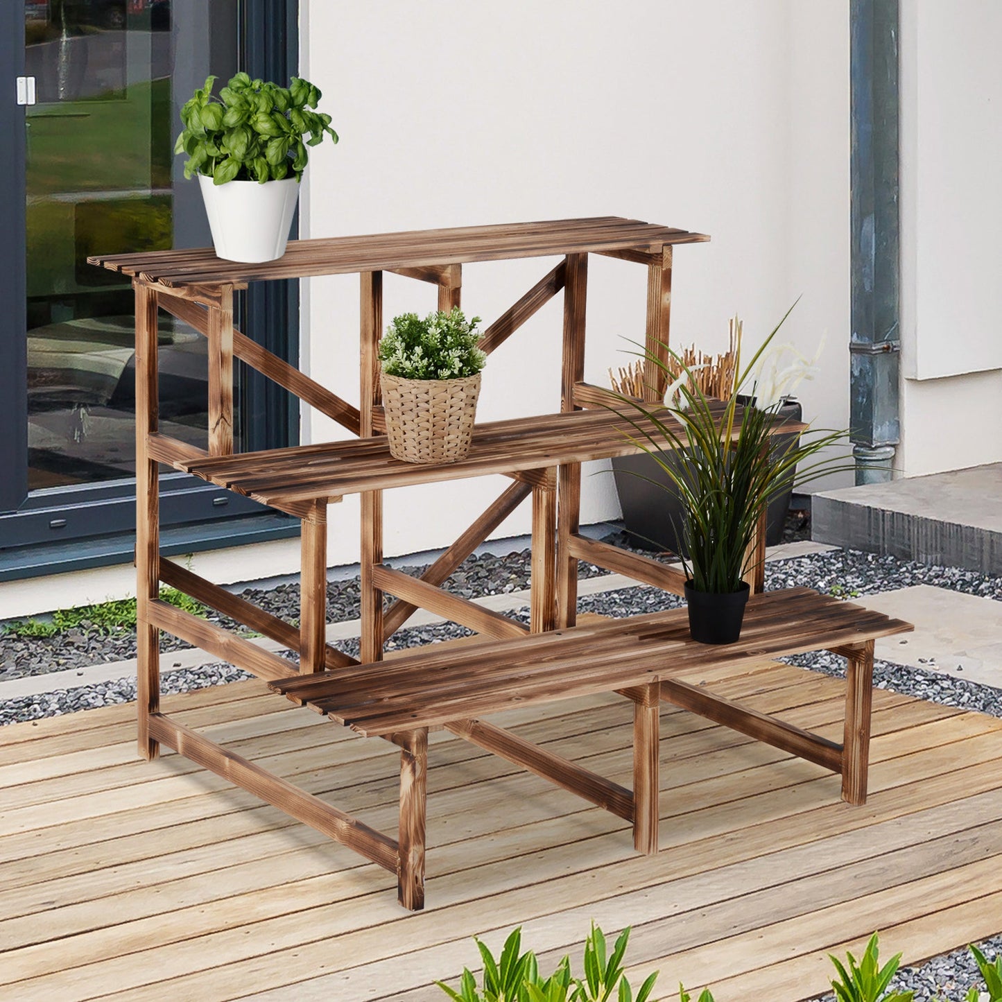 Outsunny 3 Tier Outdoor Plant Stand, Wood Ladder Shelf, Flower Pot Display Rack for Garden Backyard