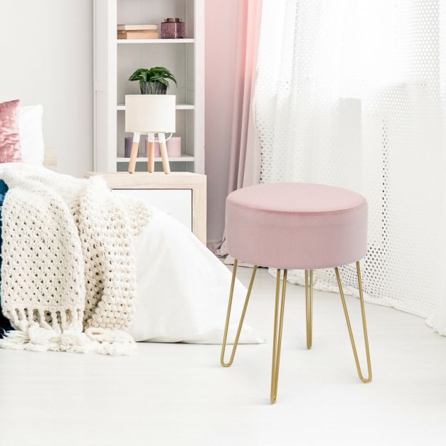 Velvet Modern Round Footstool Ottoman Makeup Dressing Chair-Pink