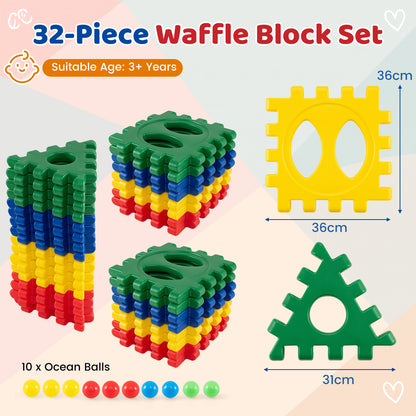 32-Piece Oversized Waffle Block Set with 10 Ocean Balls Easy-to-Use Grid Building Toys