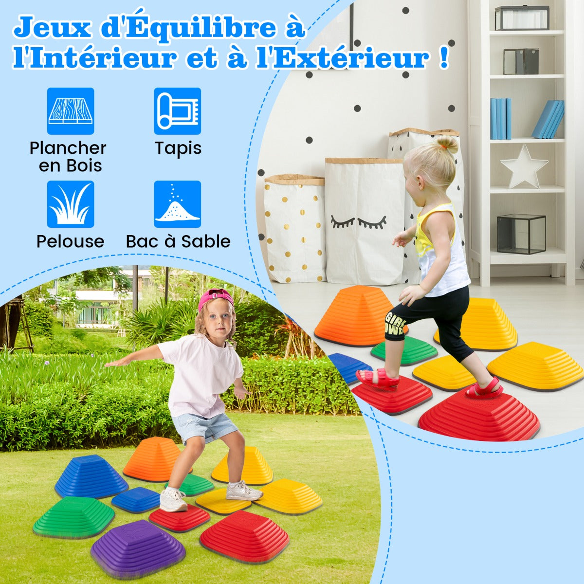 11 Pieces Kids Stepping Stone Toddler Balance Blocks with Full Non-Slip Rim-Multicolor