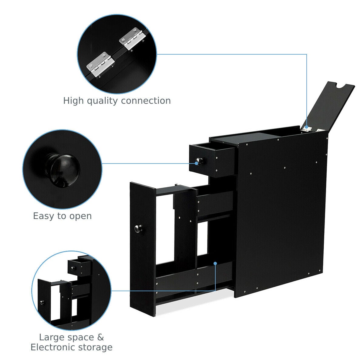Slim Storage Cabinet with Slide-out Drawers and Flip-open Top Cover-Black