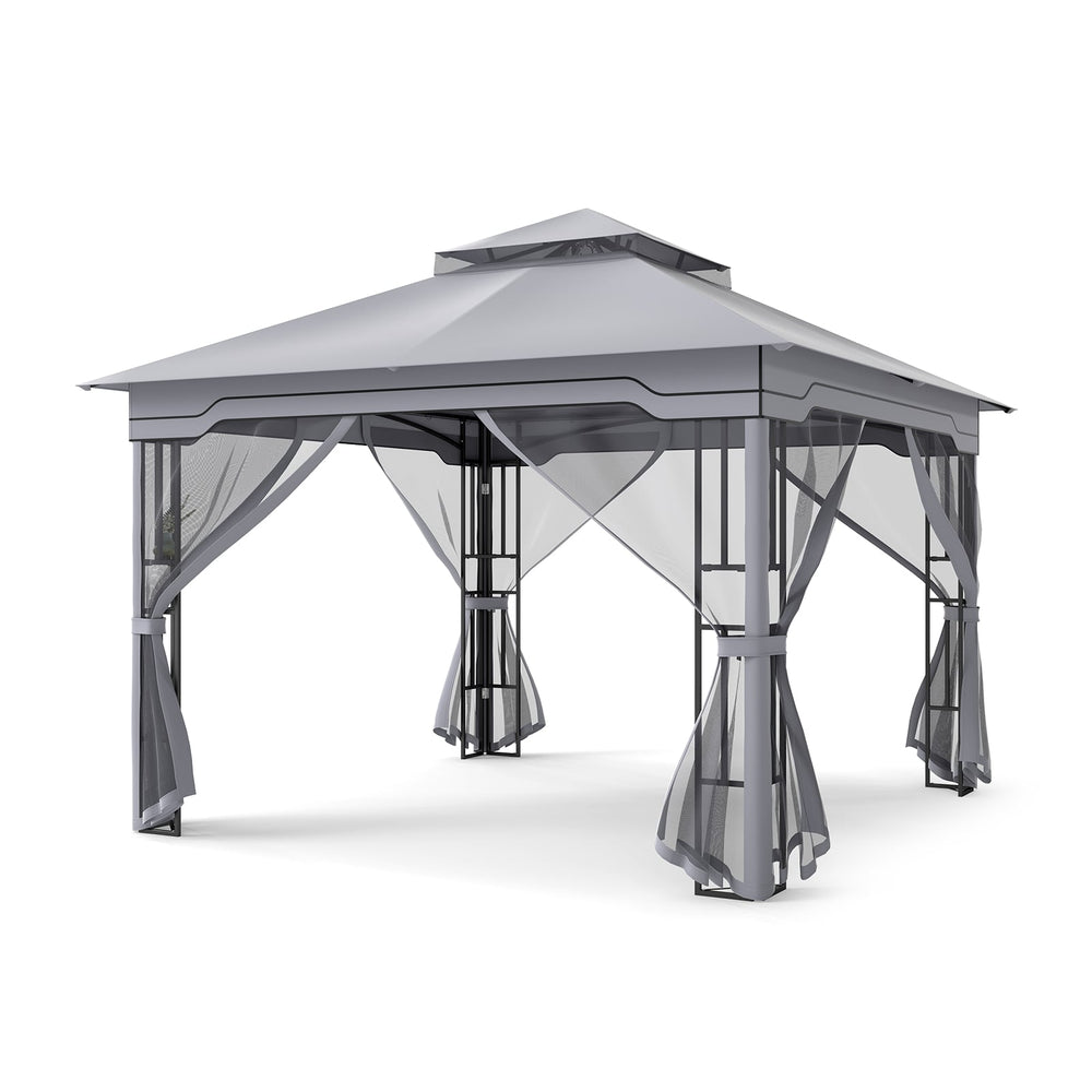 330 X 330 CM Double Roof Soft Top Patio Gazebo with Zippered Mesh Netting-Gray