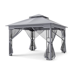 330 X 330 CM Double Roof Soft Top Patio Gazebo with Zippered Mesh Netting-Gray