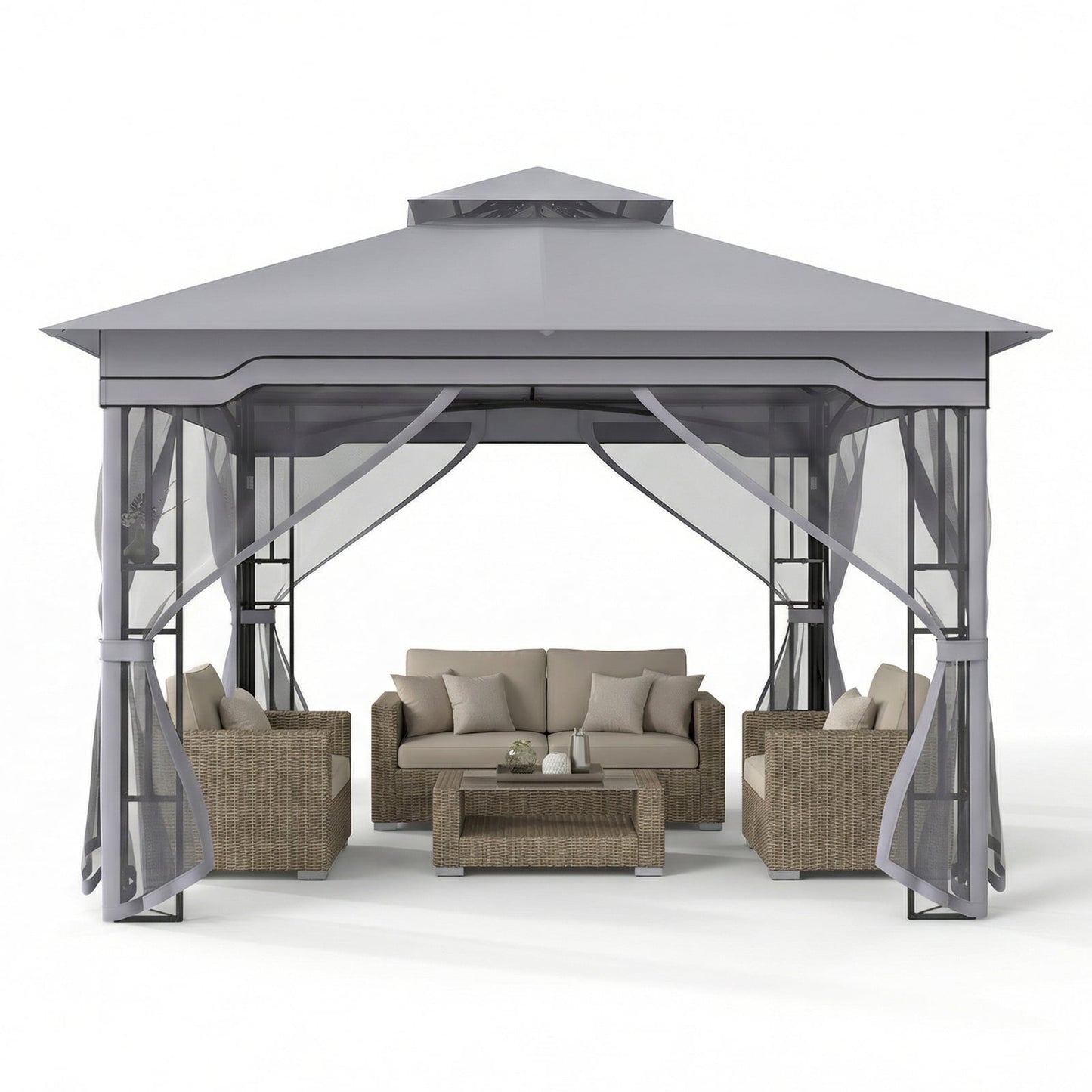 330 X 330 CM Double Roof Soft Top Patio Gazebo with Zippered Mesh Netting-Gray